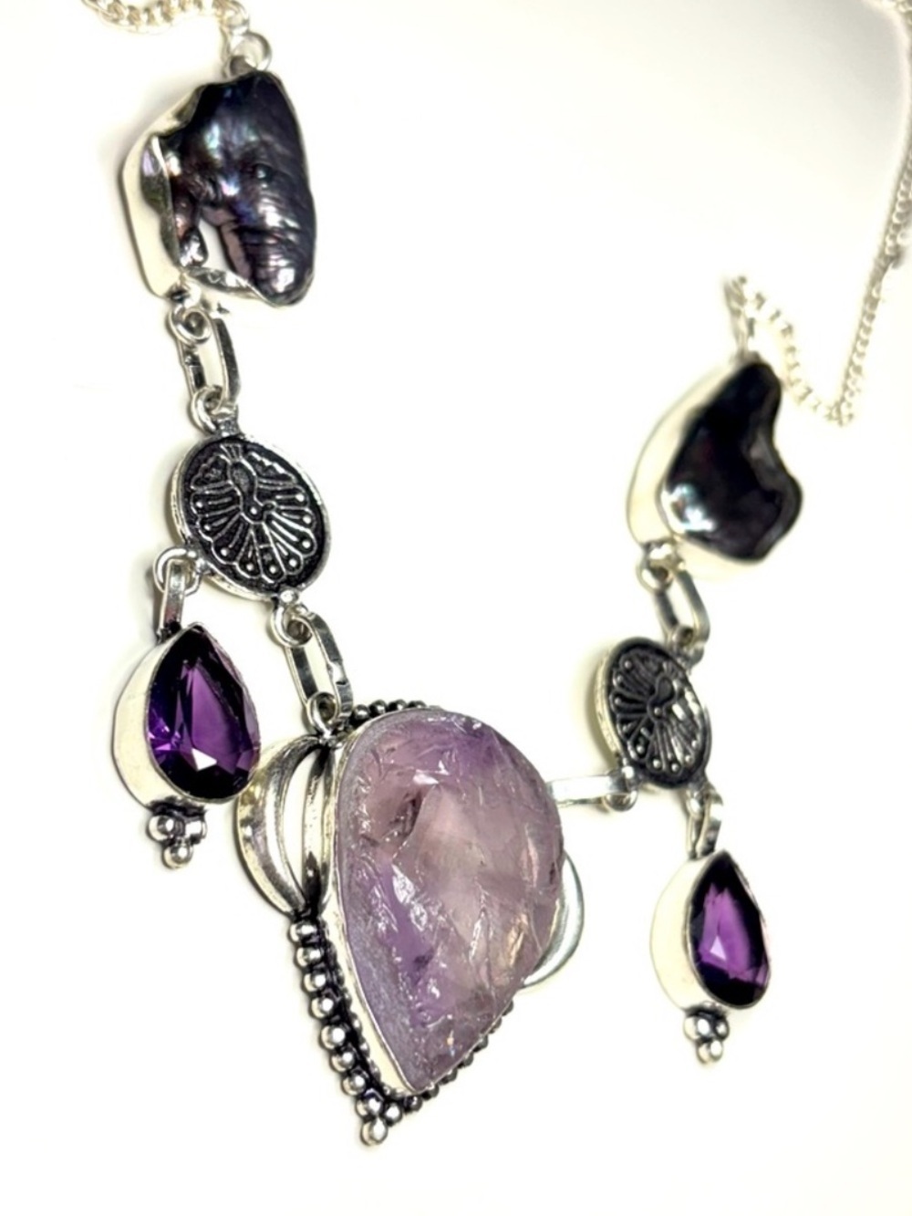 Beautiful amethyst and baroque pearls sterling silver 925 necklace